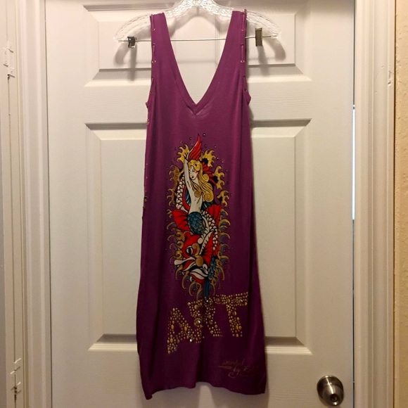 Ed Hardy Dresses & Skirts - Ed Hardy Purple Mini Dress Art Deco Mermaid Printed Dress Shirt Size XS